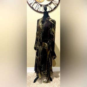 Escada green flora silk long sleeved midi dress